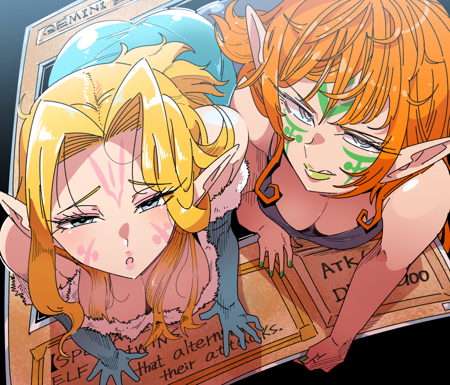 2girls, :q, ass, bare_shoulders, blonde_hair, blue_eyes, breasts, cleavage, downblouse, duel_monster, elbow_gloves, facial_mark, forehead, gemini_elf, gloves, green_lips, green_nails, hanging_breasts, kafun, lipstick, long_hair, looking_at_viewer, makeup, multiple_girls, nail_polish, open_mouth, ponytail, smile, tongue, tongue_out, yu-gi-oh!