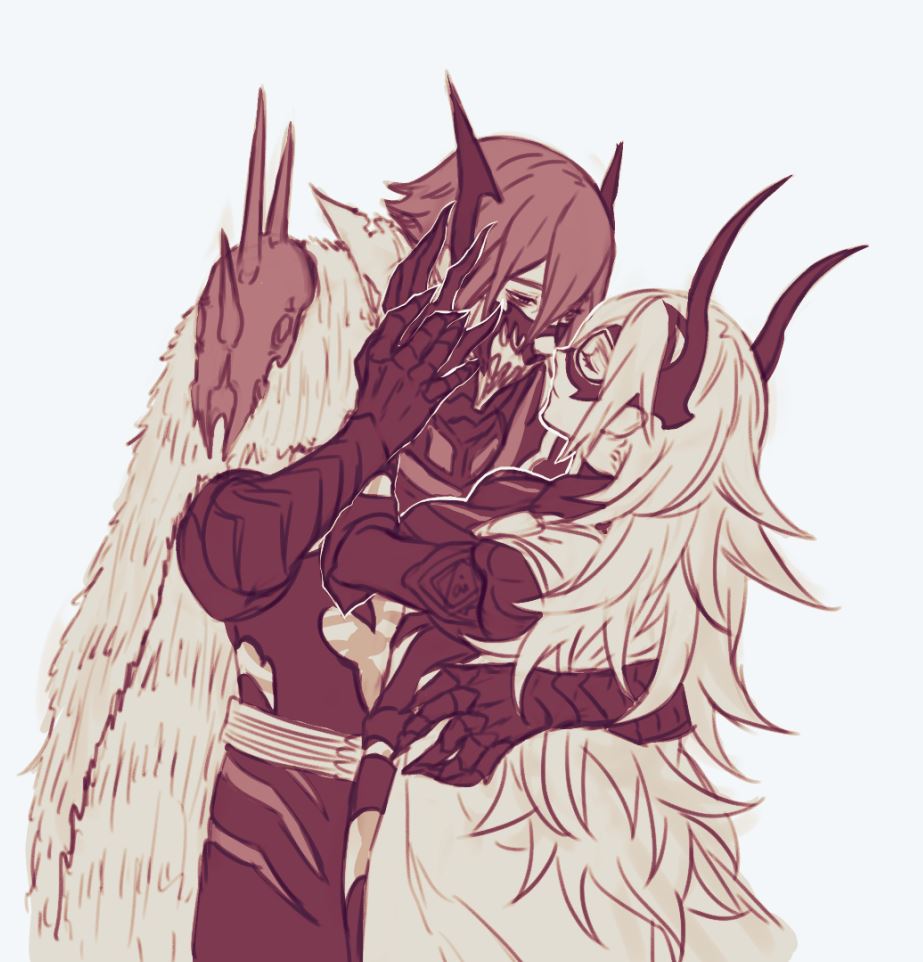 1boy, 1girl, armor, black_armor, black_mask_(clothing), bone, breastplate, breasts