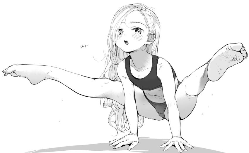 1girl, arm_support, ass, athletic_leotard, bad_id, bad_twitter_id, barefoot, covered_navel, feet, female_focus, forehead, greyscale, gymnastics, inactive_account, kneepits, leaning_forward, legs, legs_up, leotard, loli, long_hair, masuda_(yousaytwosin), monochrome, open_mouth, original, simple_background, sketch, soles, solo, spread_legs, toes, white_background