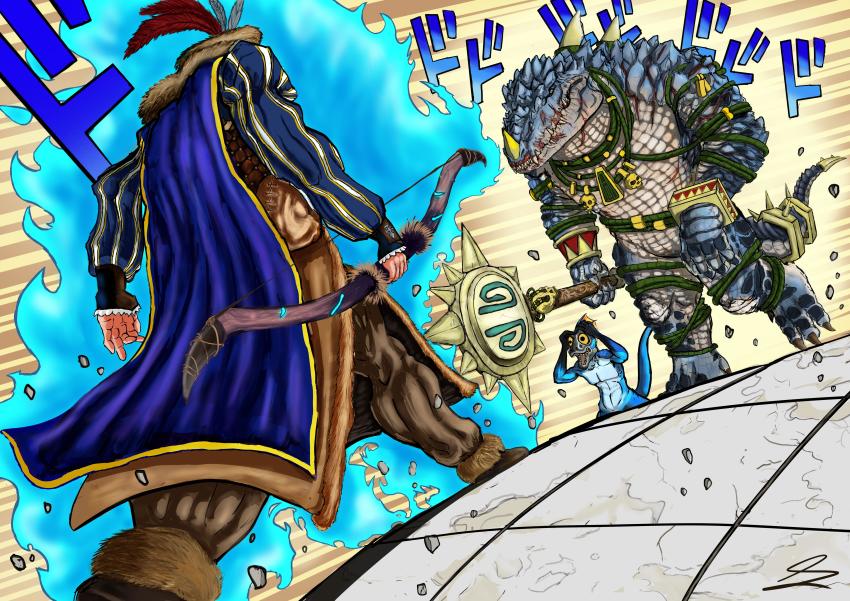 3boys, absurdres, aura, blue_cape, blue_scales, blue_sleeves, bow_(weapon), bracelet