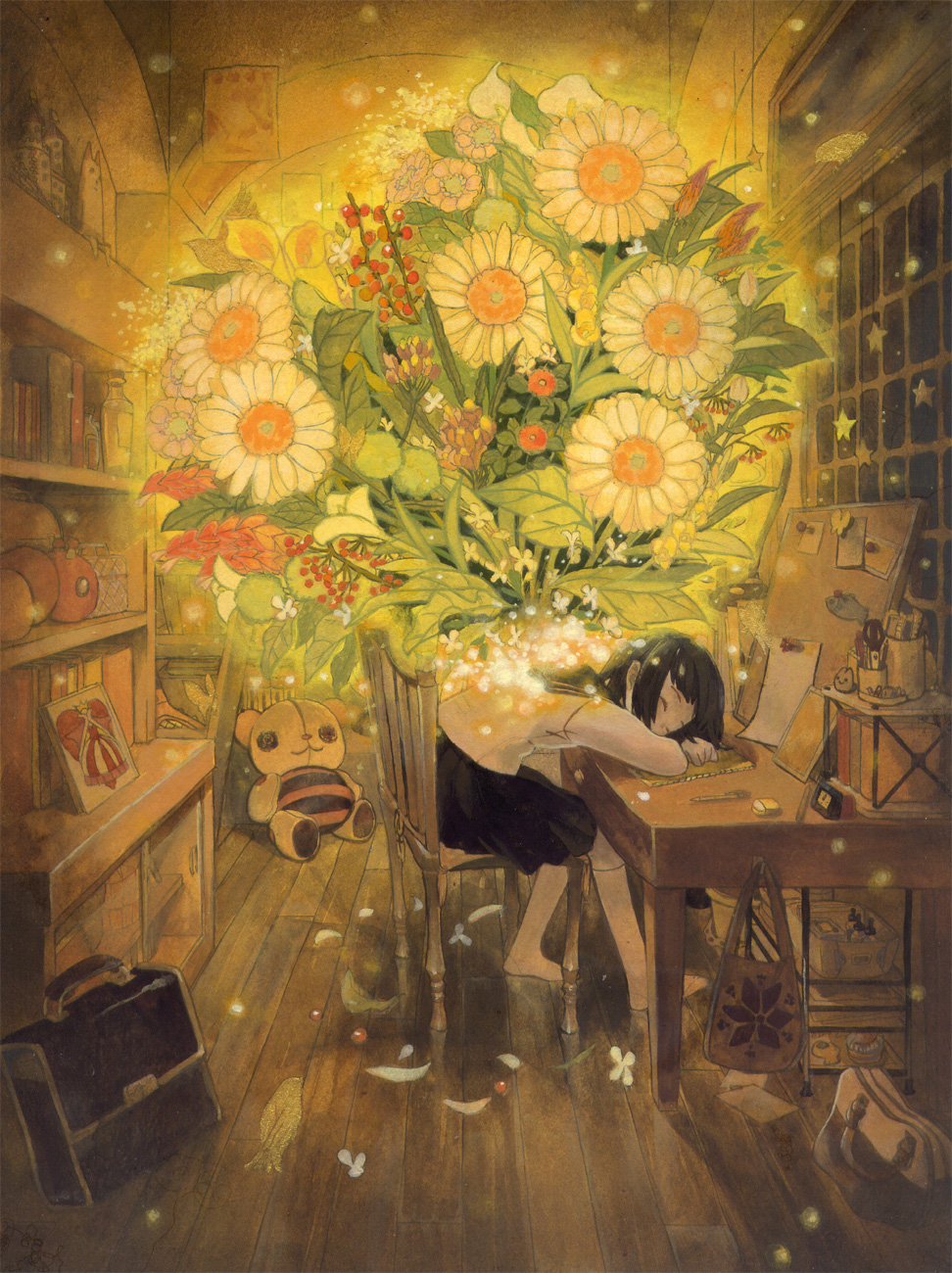 1girl, bad_id, bad_pixiv_id, bag, barefoot, chair, child, desk