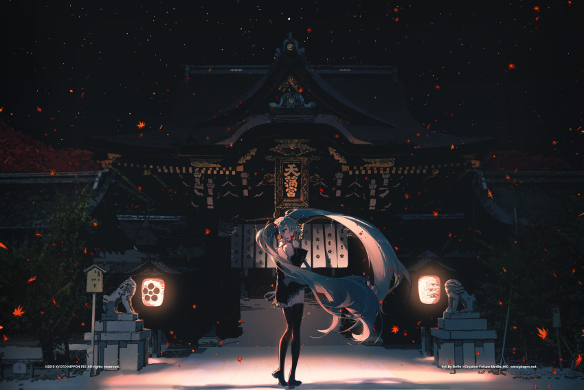 1girl, arm_behind_back, artist_name, back, bare_shoulders, blue_eyes, blue_hair, blue_nails, boots, building, crossed_bangs, detached_sleeves, female_focus, floating_hair, foo_dog, from_behind, hair_between_eyes, hair_ornament, hand_up, hatsune_miku, headphones, headset, highres, holding, lantern, leaf, light_blue_hair, long_hair, looking_at_viewer, looking_back, maple_leaf, nail_polish, night, official_art, paper_lantern, pleated_skirt, rella, skirt, sky, sleeveless, sleeveless_jacket, solo, standing, statue, thigh_boots, thighhighs, twintails, very_long_hair, vocaloid, wide_shot, wide_sleeves, zettai_ryouiki