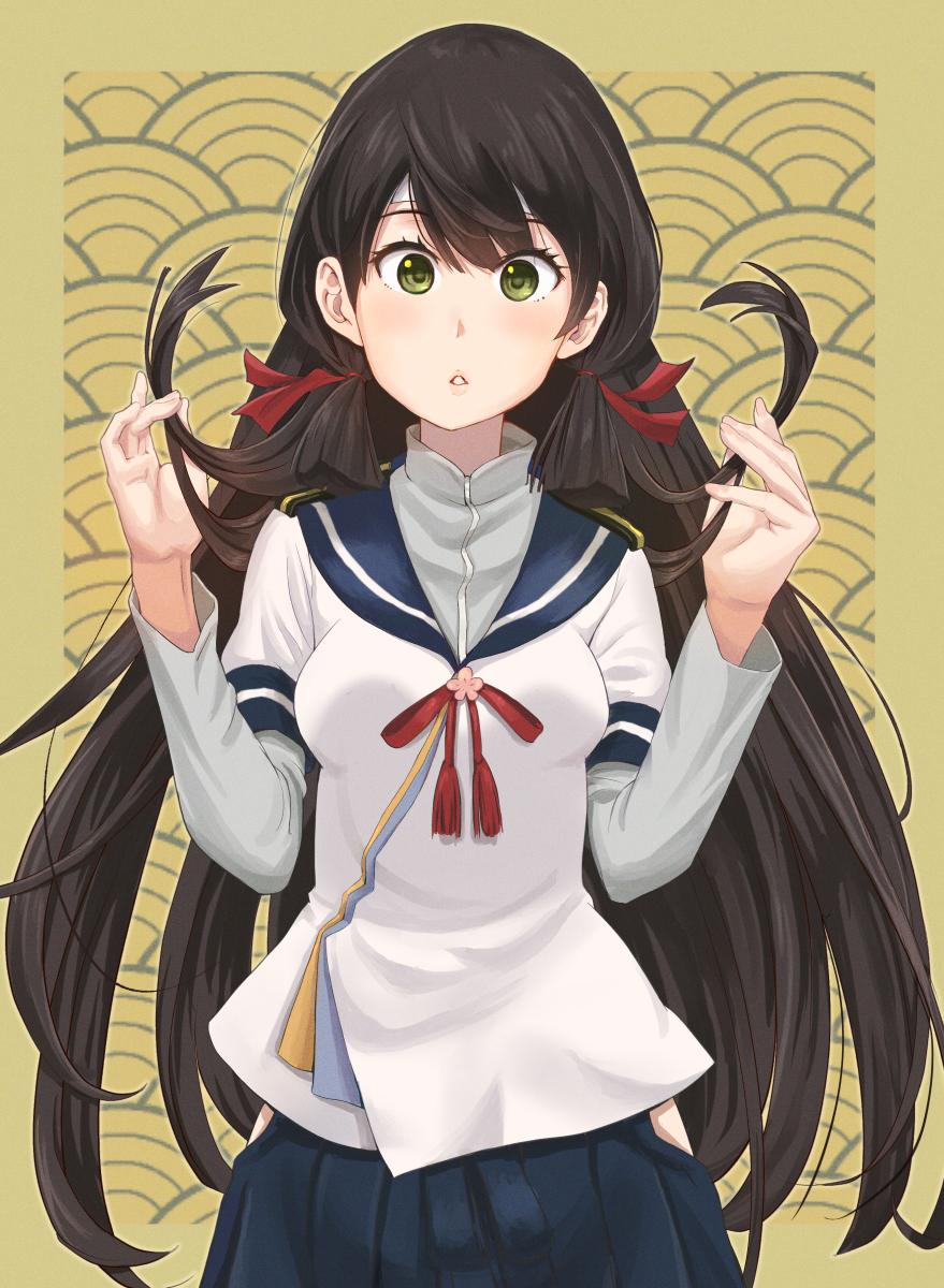 1girl, :o, akashi_(kancolle), alternate_hair_color, black_hair, blue_skirt, clothing_cutout, cowboy_shot