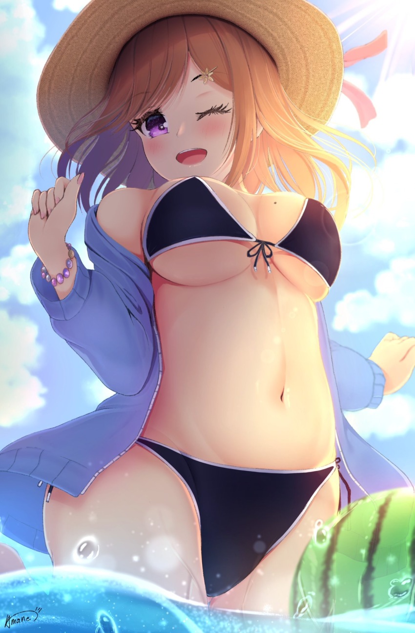 1girl, amane_1906, artist_name, bare_shoulders, bikini, black_bikini, blue_jacket, blush