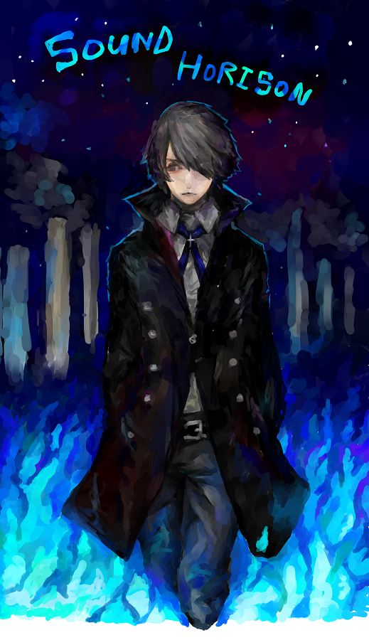 1boy, belt_buckle, black_coat, black_eyes, black_hair, blue_fire, blue_neckwear, buckle