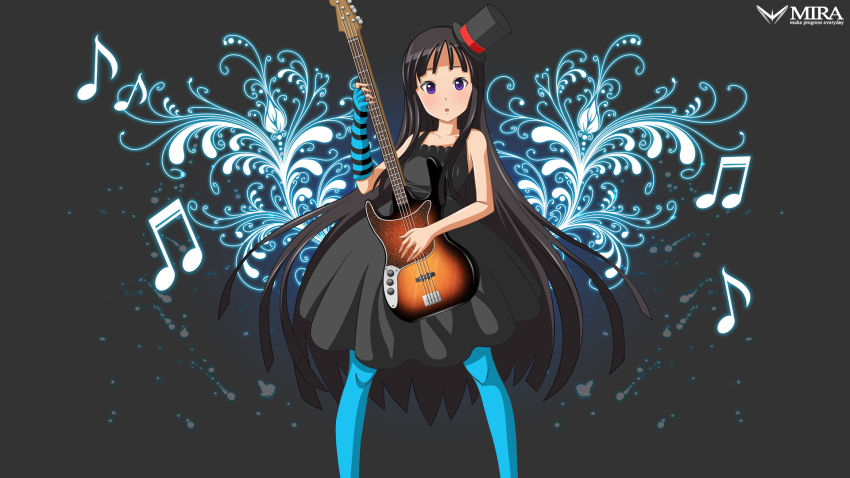 00s, 1girl, akiyama_mio, bass_guitar, black_hair, blue_pantyhose, blunt_bangs, don't_say_"lazy", dress, female_focus, fingerless_gloves, gloves, guitar, hat, highres, hime_cut, instrument, k-on!, long_hair, mini_hat, mini_top_hat, mira_(artist), mira_(silence), pantyhose, purple_eyes, single_glove, solo, top_hat