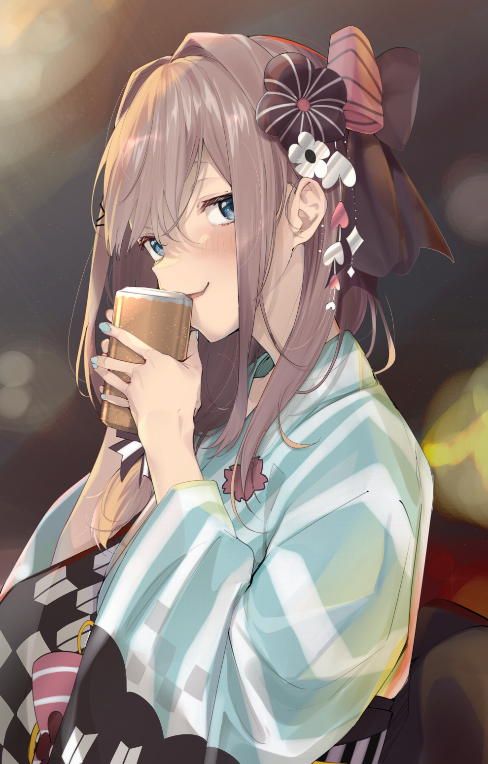 1girl, black_bow, blue_eyes, blue_kimono, blush, bow, brown_hair, can, commentary, female_focus, hair_between_eyes, hair_bow, highres, holding, holding_can, japanese_clothes, kimono, long_sleeves, looking_at_viewer, medium_hair, nail_polish, night, nijisanji, obi, open_mouth, sash, signature, solo, striped_clothes, striped_kimono, summer_festival, suzuhara_lulu, suzuhara_lulu_(2nd_costume), uno_ryoku, upper_body, vertical_stripes, virtual_youtuber, wide_sleeves, yukata