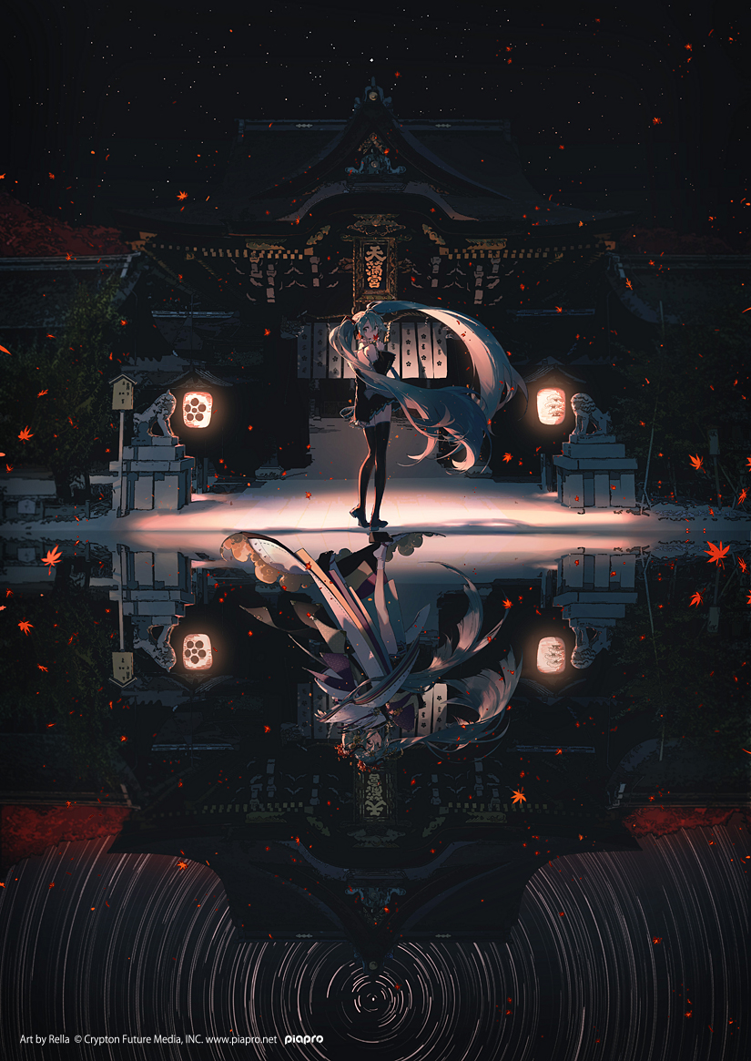 1girl, arm_behind_back, artist_name, back, bare_shoulders, blue_eyes, blue_hair, blue_nails, boots, building, crossed_bangs, detached_sleeves, floating_hair, flower, foo_dog, from_behind, full_body, furisode, geta, hair_between_eyes, hair_flower, hair_ornament, hand_up, hatsune_miku, headphones, headset, holding, japanese_clothes, kimono, lantern, leaf, light_blue_hair, long_hair, long_sleeves, looking_at_viewer, looking_back, maple_leaf, multiple_views, nail_polish, night, official_art, paper_lantern, pleated_skirt, reflection, rella, skirt, sky, sleeveless, sleeveless_jacket, standing, star_(symbol), star_trail, statue, tabi, thigh_boots, thighhighs, twintails, very_long_hair, vocaloid, wide_shot, wide_sleeves, zettai_ryouiki