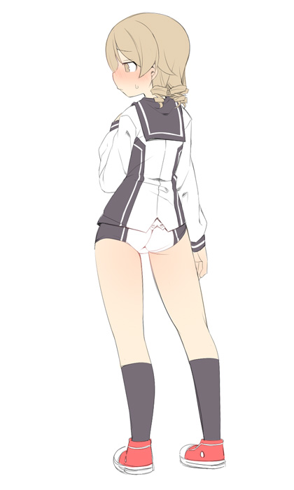 1girl, ass, bad_id, bad_pixiv_id, black_sailor_collar, black_socks, blush, brown_eyes