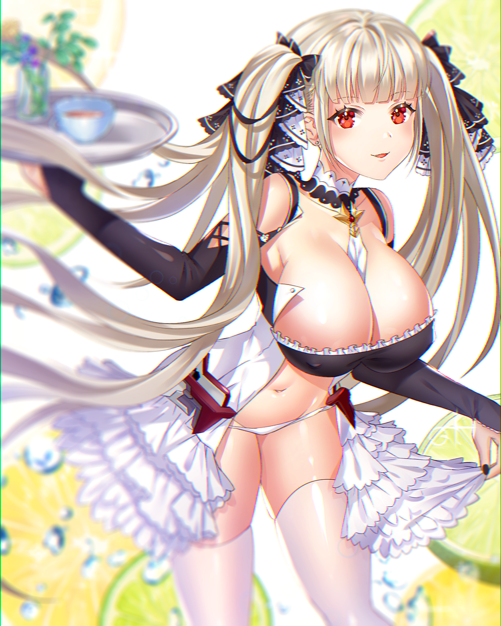 1girl, azur_lane, bad_id, bad_pixiv_id, bare_shoulders, bent_over, between_breasts, black_nails