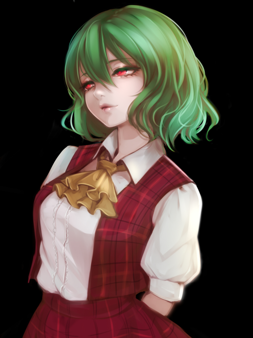 1girl, arms_behind_back, ascot, black_background, collared_shirt, colored_eyelashes, cowboy_shot, eyelashes