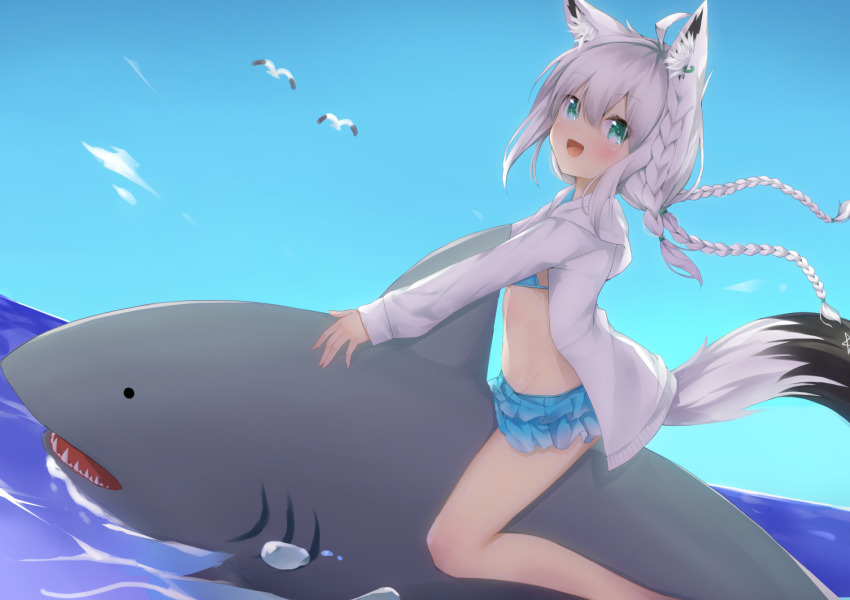 1girl, animal_ear_fluff, animal_ears, aqua_eyes, bikini, bikini_skirt, braid, choro_tofu