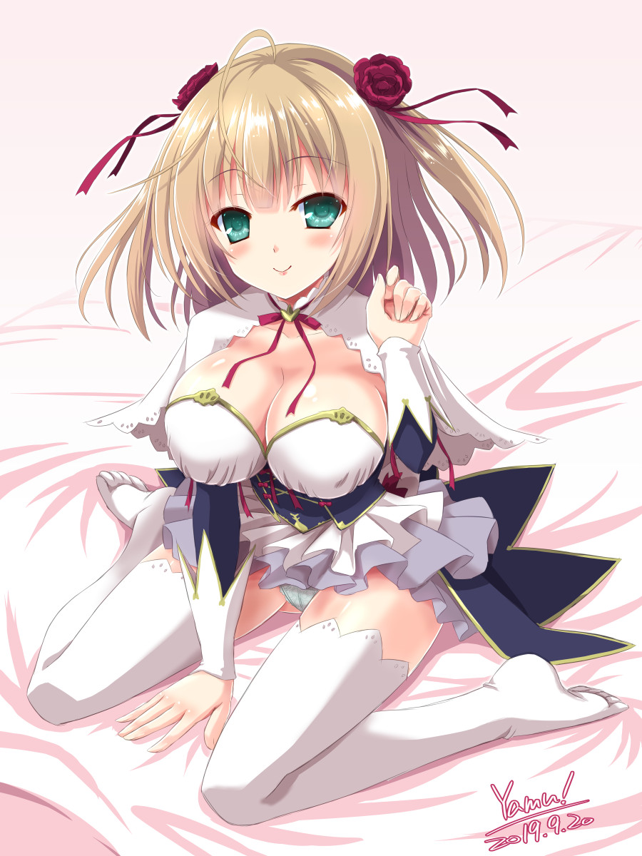 ahoge, artist_name, bed_sheet, between_legs, blonde_hair, breasts, capelet, cleavage