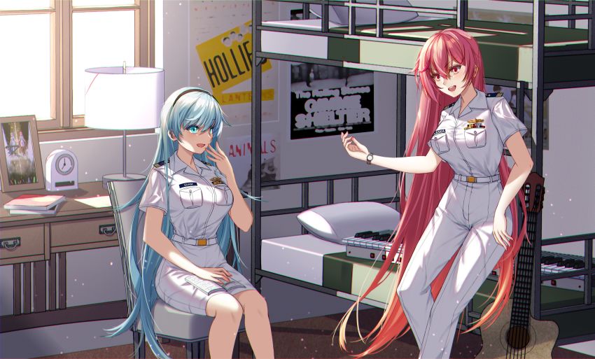 2girls, absurdres, alaska_(warship_girls_r), alternate_costume, bed, belt, blue_eyes, blue_hair