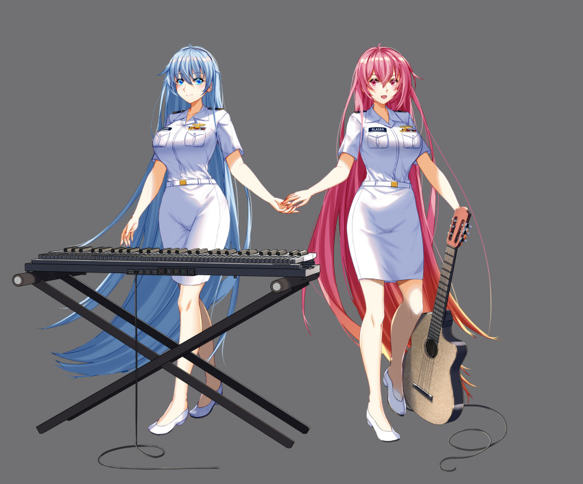 2girls, alaska_(warship_girls_r), alternate_costume, belt, blue_eyes, blue_hair, breast_pocket, breasts