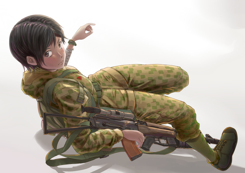 1girl, ak-74, aks-74, arsenal_ad, assault_rifle, black_hair, brown_eyes, camouflage