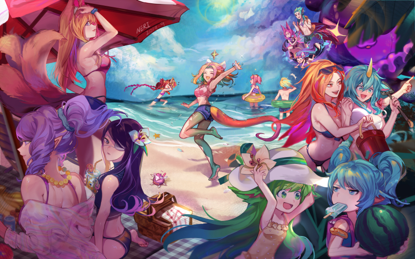 2boys, ahri_(league_of_legends), alternate_hair_color, animal_ears, beach, bikini, blonde_hair, ezreal, food, fox_ears, fox_tail, green_hair, hair_ornament, hairband, hat, highres, horns, ice_cream, janna_(league_of_legends), league_of_legends, lips, long_hair, lulu_(league_of_legends), lux_(league_of_legends), magical_girl, multiple_boys, multiple_girls, nail_polish, neeko_(league_of_legends), orange_hair, pink_hair, pointy_ears, poppy_(league_of_legends), purple_hair, rakan, red_hair, ribbon, miss_fortune_(league_of_legends), short_hair, shorts, single_horn, skirt, soraka_(league_of_legends), star_guardian_(league_of_legends), star_guardian_ahri, star_guardian_ezreal, star_guardian_janna, star_guardian_jinx, star_guardian_lulu, star_guardian_lux, star_guardian_miss_fortune, star_guardian_neeko, star_guardian_poppy, star_guardian_rakan, star_guardian_soraka, star_guardian_syndra, star_guardian_xayah, star_guardian_zoe, swimsuit, syndra, tail, twintails, very_long_hair, water, xayah, yordle, zoe_(league_of_legends)