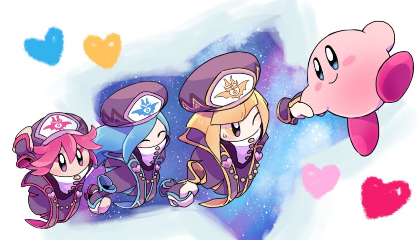 1boy, 3girls, blonde_hair, blue_hair, flamberge_(kirby), francisca_(kirby), kirby, kirby_star_allies