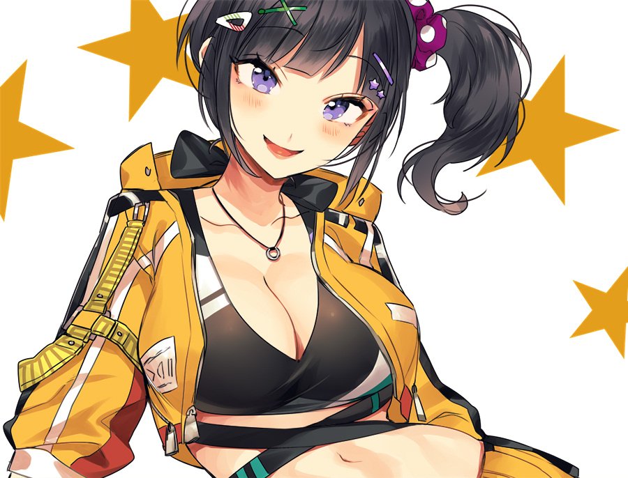 1girl, black_hair, blush, breasts, cleavage, commentary, cropped_jacket, female_focus