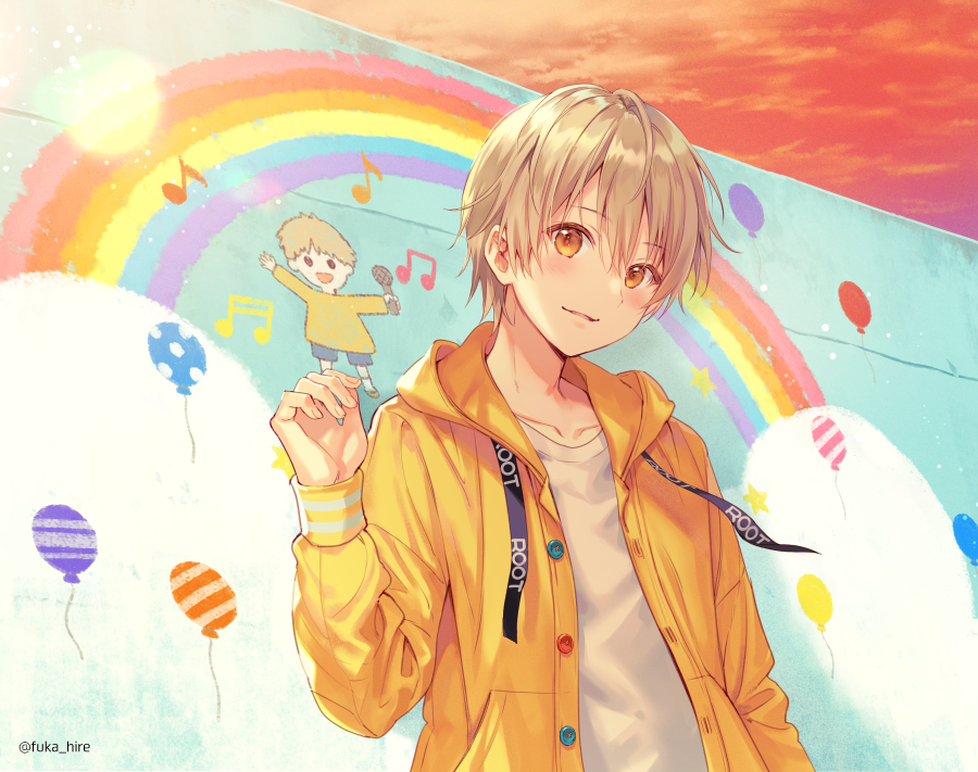 1boy, balloon, blonde_hair, blush, fukahire_(ruinon), jacket, long_sleeves, looking_at_viewer, male_focus, musical_note, open_mouth, orange_sky, outdoors, rainbow, real_life, root_(singer), shirt, sky, smile, solo, standing, upper_body, utaite, white_shirt, yellow_eyes, yellow_jacket