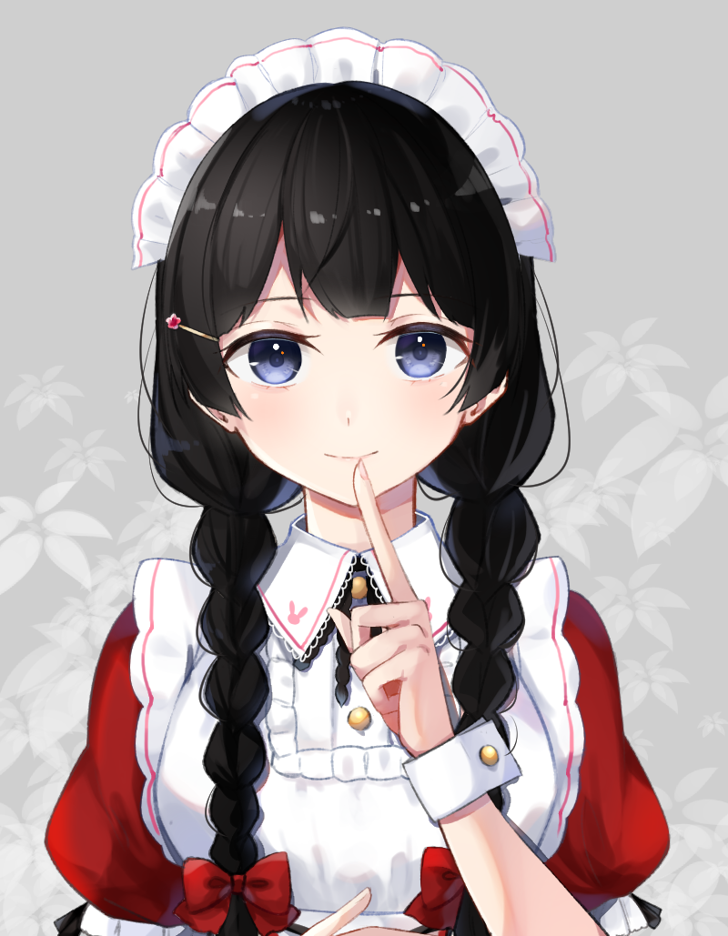 1girl, black_eyes, black_hair, bow, bowtie, braid, finger_to_mouth, floral_background, hair_ornament, hair_ribbon, hairclip, long_hair, looking_at_viewer, maid_headdress, nijisanji, ribbon, short_sleeves, shushing, smile, tsukino_mito, tsukino_mito_(maid), virtual_youtuber, wrist_cuffs, zyenokana