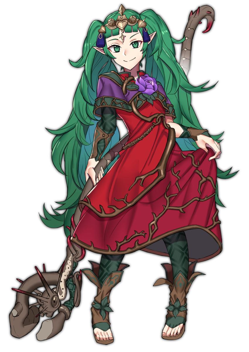 1girl, absurdres, closed_mouth, commission, cosplay, dress, ebinku, female_focus, fire_emblem, fire_emblem:_three_houses, flower, full_body, green_eyes, green_hair, hair_ornament, highres, holding, holding_staff, kid_icarus, kid_icarus_uprising, long_hair, nintendo, pointy_ears, simple_background, smile, solo, sothis_(fire_emblem), staff, tiara, viridi, viridi_(cosplay), white_background