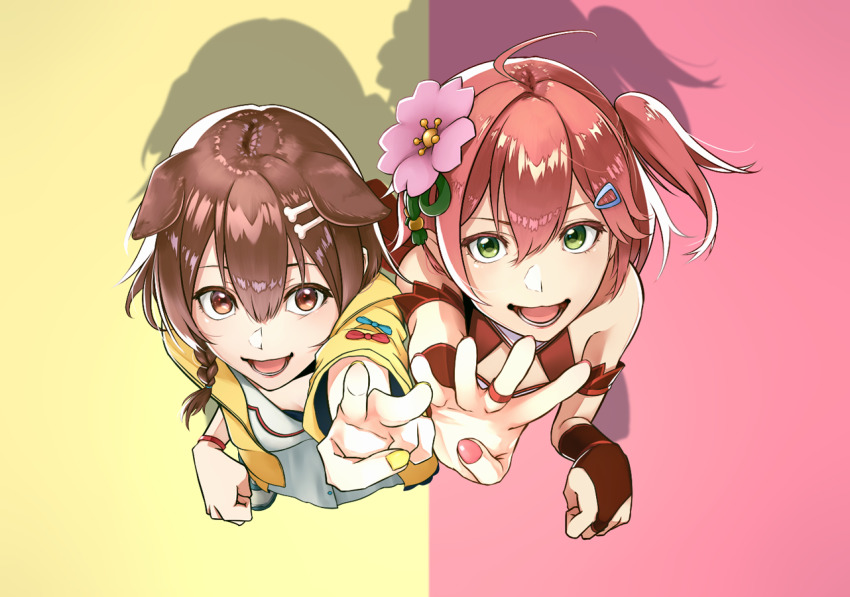 2girls, ahoge, animal_ears, armband, bare_shoulders, bone, bone_hair_ornament, braid, brown_eyes, brown_hair, cherry_blossoms, dog_ears, dog_girl, flower, from_above, green_eyes, hair_between_eyes, hair_flower, hair_ornament, hairclip, hololive, inugami_korone, inugami_korone_(1st_costume), medium_hair, momose_nasukura, multiple_girls, nail_polish, one_side_up, open_mouth, pink_hair, pink_nails, sakura_miko, sakura_miko_(old_design), shadow, teeth, v, virtual_youtuber, yellow_nails