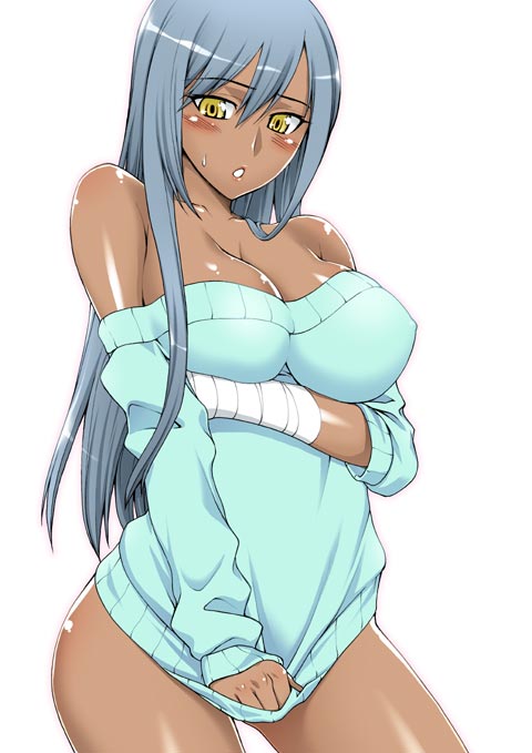 00s, 1girl, arm_under_breasts, bandages, bare_shoulders, blush, bottomless, breasts, cleavage, code_geass, curvy, dark-skinned_female, dark_skin, female_focus, grey_hair, large_breasts, long_hair, naked_sweater, parted_lips, simple_background, solo, sweatdrop, sweater, unagimaru, villetta_nu, villetta_nu_(amnesia), white_background, yellow_eyes