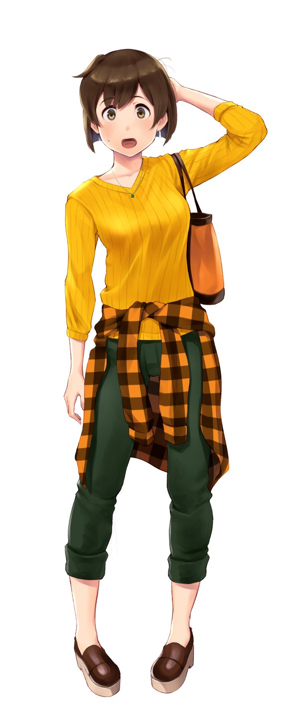 1girl, bag, blush, breasts, brown_eyes, brown_hair, clothes_around_waist, female_focus