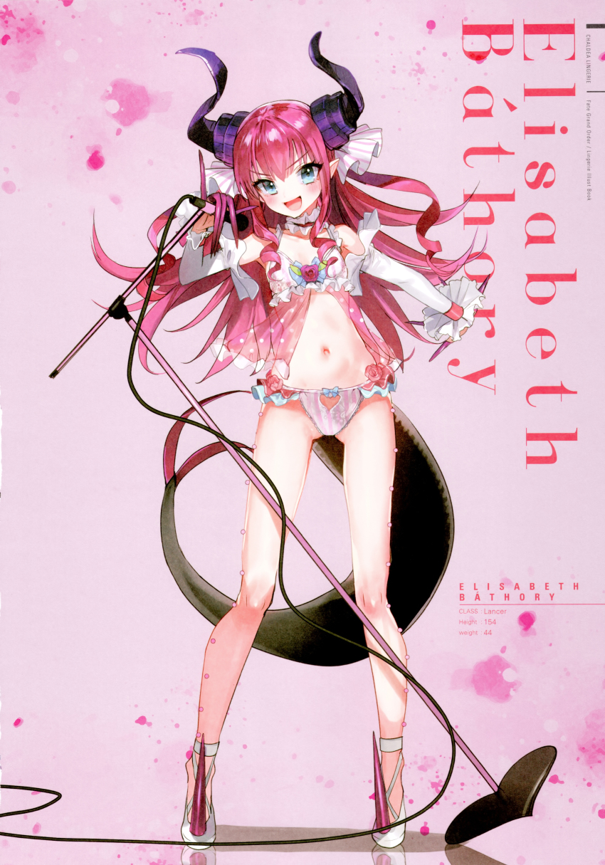 1girl, absurdres, bra, breasts, character_name, cleavage, clothing_cutout, cutout_below_navel, detached_sleeves, dragon_horns, dragon_tail, elizabeth_bathory_(fate), elizabeth_bathory_(fate/extra), elizabeth_bathory_(third_ascension)_(fate), fang, fate/extra, fate/extra_ccc, fate_(series), female_focus, flower, full_body, high_heels, highres, horns, lingerie, long_hair, looking_at_viewer, microphone, microphone_stand, navel, negligee, nekometaru, open_mouth, panties, pink_bra, pink_flower, pink_panties, pink_rose, pointy_ears, red_hair, rose, see-through_clothes, small_breasts, smile, solo, tail, thigh_gap, underwear, v-shaped_eyebrows, white_footwear