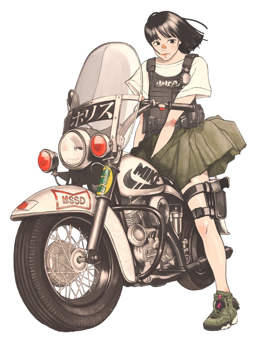 1girl, air_jordan, air_jordan_6, black_eyes, black_hair, brand_name_imitation, bulletproof_vest, cotoh_tsumi, female_focus, full_body, green_shoes, green_skirt, highres, holster, medium_hair, motor_vehicle, motorcycle, nike_(company), on_motorcycle, original, pleated_skirt, shield, shirt, shoes, short_sleeves, simple_background, sitting, skirt, solo, thigh_holster, travis_scott, vest, white_background, white_shirt