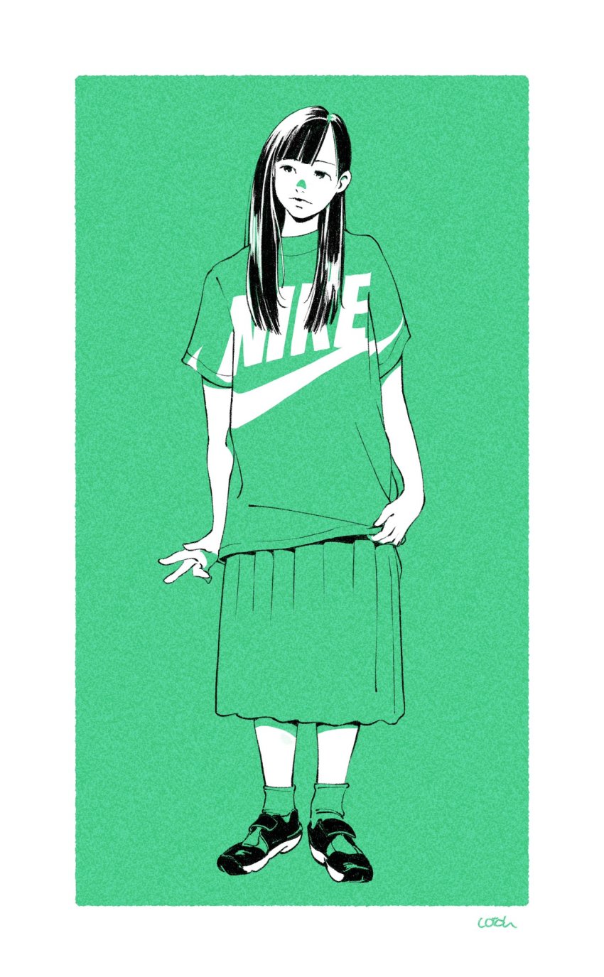 1girl, black_eyes, black_footwear, black_hair, blunt_bangs, cotoh_tsumi, female_focus, full_body