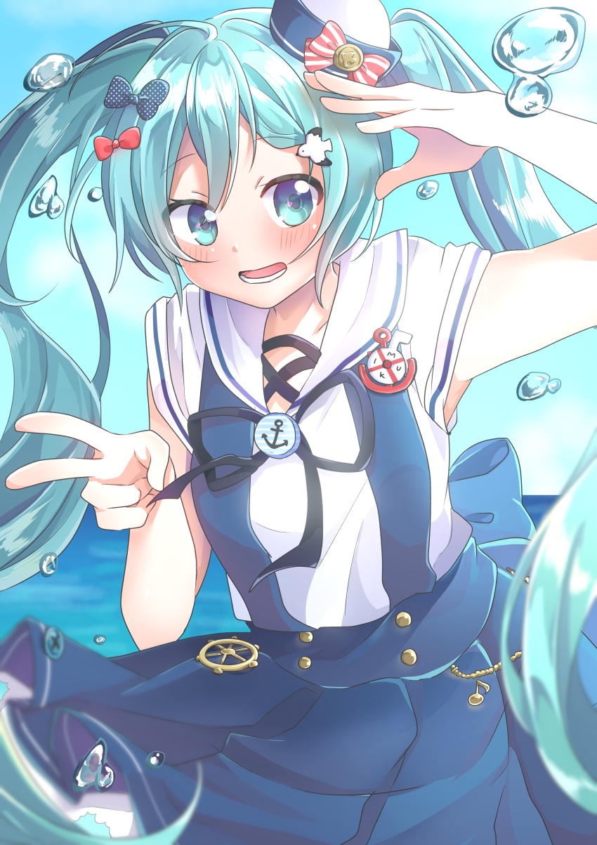 1girl, absurdres, anchor, anchor_print, aqua_eyes, aqua_hair, bird, bird_hair_ornament, black_ribbon, blue_skirt, blush, bow, bowtie, collar, collarbone, commentary, cowboy_shot, dress_bow, eighth_note, female_focus, hair_bow, hair_ornament, hand_up, hat, hat_bow, hatsune_miku, highres, lifebuoy, long_hair, looking_at_viewer, musical_note, neck_ribbon, open_mouth, ribbon, sailor_collar, sailor_hat, sailor_shirt, seagull, shading_eyes, shirt, short_sleeves, skirt, smile, solo, steering_wheel, striped_bow, swim_ring, tatibanamarin, twintails, two-tone_shirt, v, very_long_hair, vocaloid, water_drop, white_collar, yokohama_doll_museum_miku