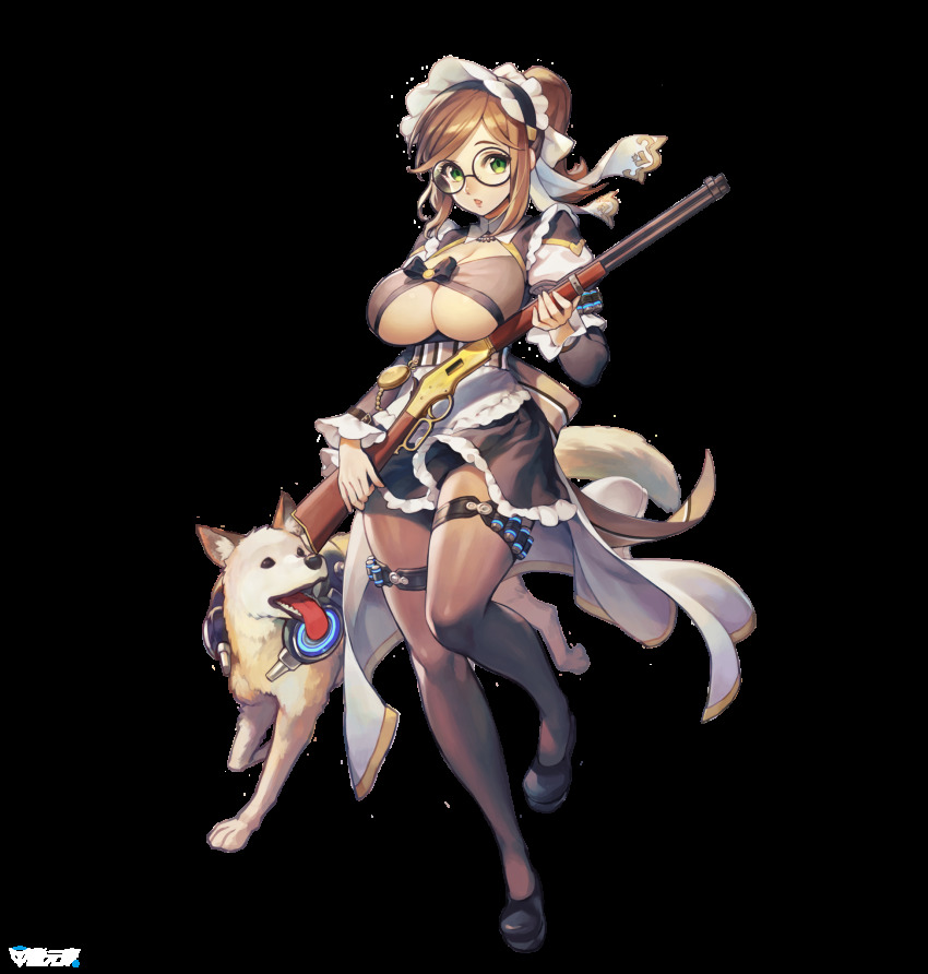 1girl, apron, bow, breast_cutouts, breasts, brown_hair, center_opening, clothing_cutout