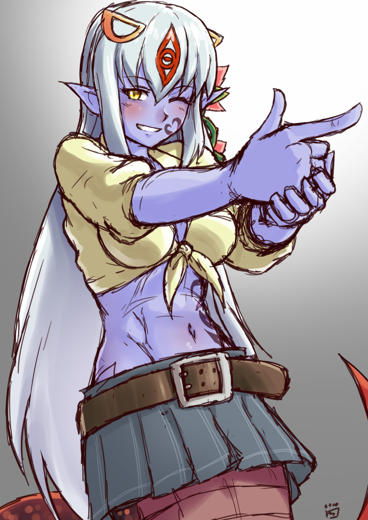 1girl, ;d, alipheese_fateburn_xvi, artist_name, belt, belt_buckle, blue_skin, blush, breasts, buckle, colored_skin, commentary, cosplay, english_commentary, eye_tattoo, facial_tattoo, female_focus, finalcake, finger_gun, flower, front-tie_top, gradient_background, grin, hair_between_eyes, hair_flower, hair_ornament, hairclip, lamia, long_hair, looking_at_viewer, midriff, miia_(monster_musume), miia_(monster_musume)_(cosplay), miniskirt, mon-musu_quest!, monster_girl, monster_musume_no_iru_nichijou, navel, one_eye_closed, open_mouth, pleated_skirt, pointing, pointing_at_viewer, pointy_ears, shirt, signature, silver_hair, simple_background, sketch, skirt, smile, solo, tail, tattoo, teeth, tied_shirt, very_long_hair, yellow_eyes, yellow_shirt