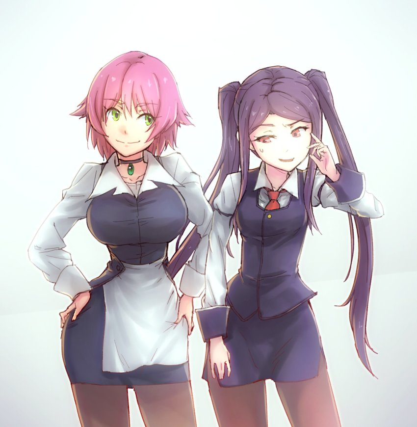 apron, bartender, breast_envy, breasts, choker, eyes_visible_through_hair, green_eyes, highres