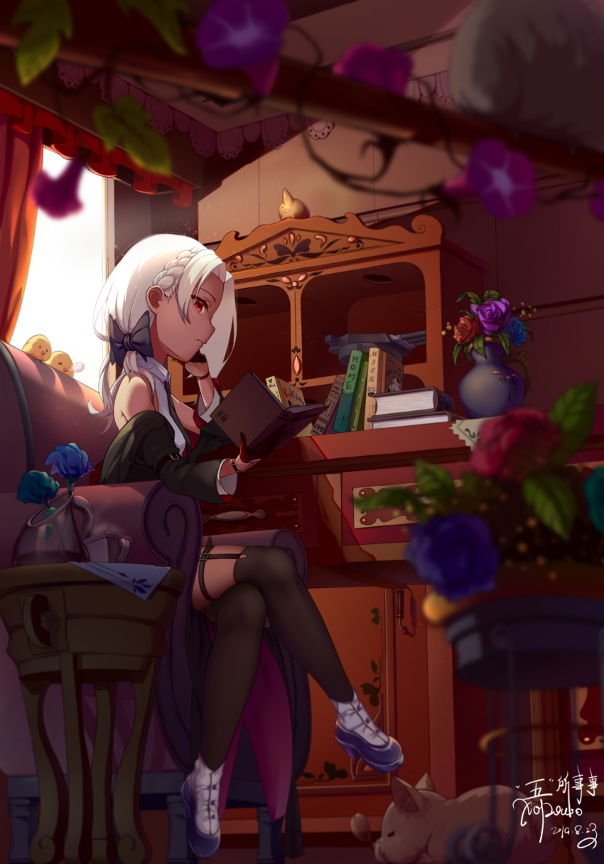 1girl, black_gloves, black_jacket, black_necktie, black_thighhighs, blue_flower, book, chair