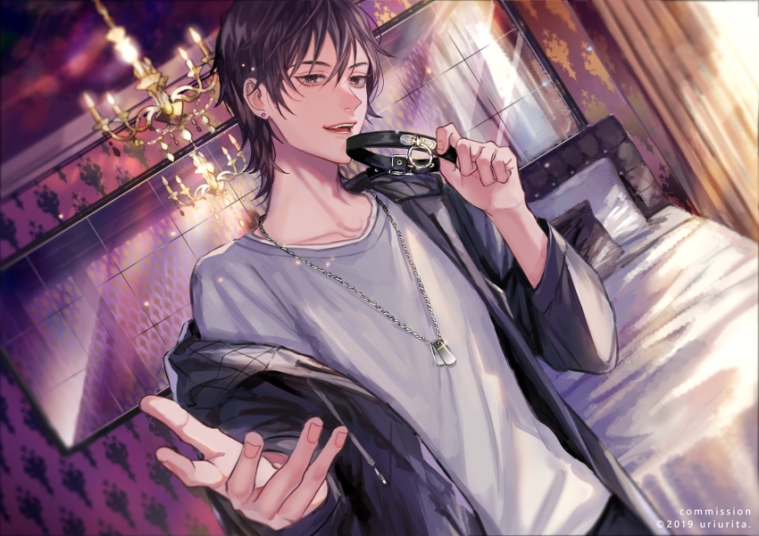 1boy, bed, black_jacket, brown_hair, chandelier, collar, commission, curtains, dated, dog_tags, dutch_angle, earrings, highres, indoors, jacket, jewelry, male_focus, mirror, necklace, open_mouth, original, ponponpananda, shirt, solo, standing, stud_earrings, white_shirt