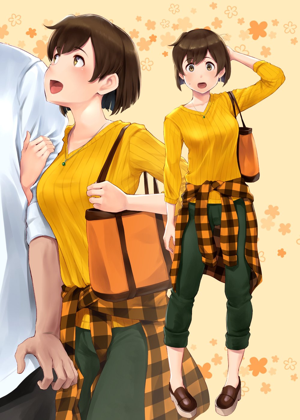 1boy, 1girl, alternate_costume, bag, blush, breasts, brown_eyes, brown_hair