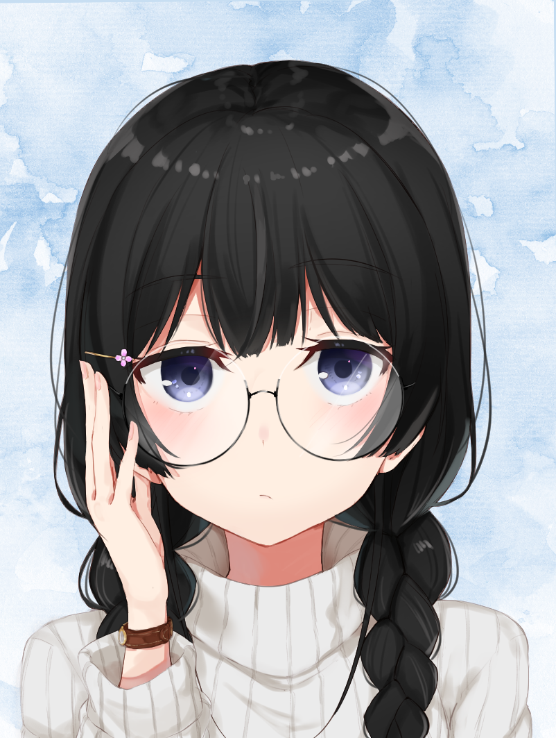 1girl, black_eyes, black_hair, braid, glasses, hair_ornament, hairclip, long_hair, long_sleeves, looking_at_viewer, nijisanji, portrait, sweater, tsukino_mito, turtleneck, twin_braids, virtual_youtuber, watch, zyenokana