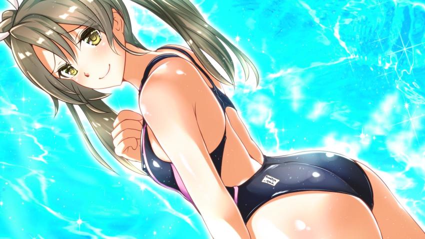 1girl, ass, black_one-piece_swimsuit, blue_background, competition_swimsuit, covered_erect_nipples, cowboy_shot, dutch_angle