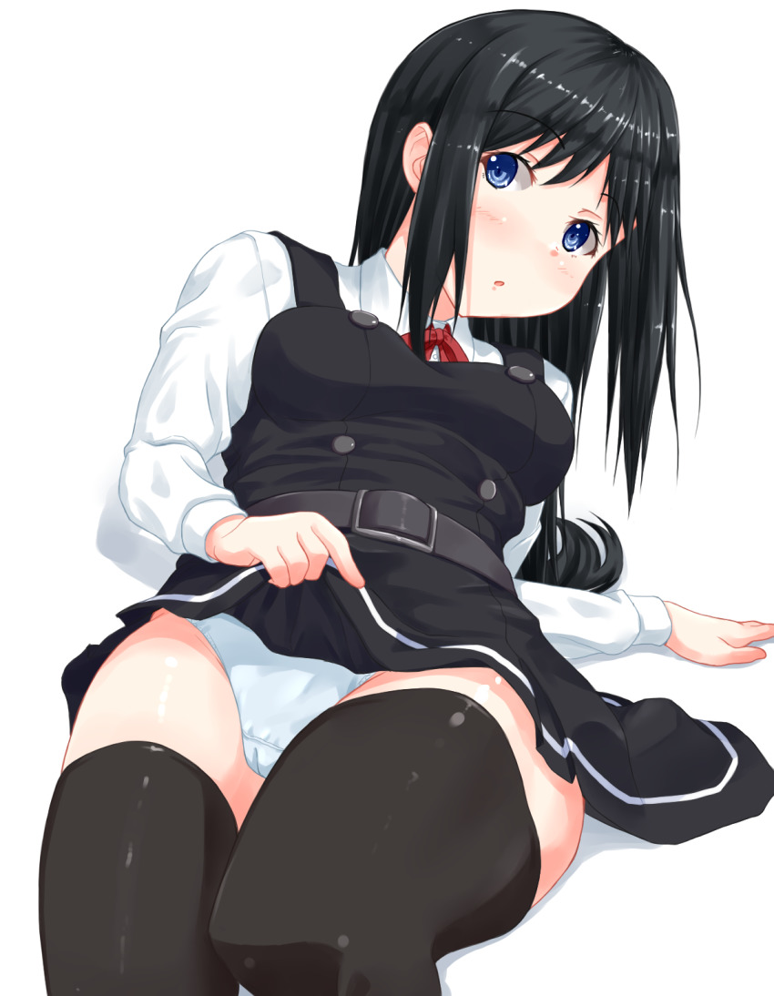 1girl, :o, asashio_(kancolle), belt, black_dress, black_hair, black_thighhighs, blue_eyes
