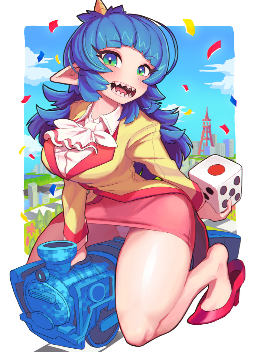 1girl, ascot, blazer, blue_hair, blue_sky, blunt_bangs, blush, border