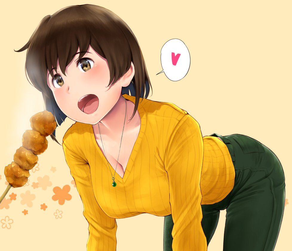 1girl, alternate_costume, blush, breasts, brown_eyes, brown_hair, food, gradient_background