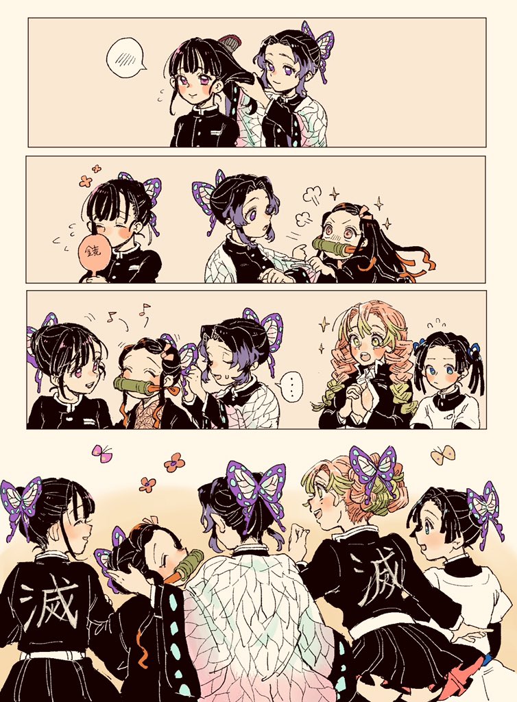 ..., 4koma, 5girls, alternate_hair_length, alternate_hairstyle, animal_print, back, bamboo, belt, bit_gag, black_hair, black_legwear, black_skirt, blue_eyes, blush_stickers, braid, breasts, bug, butterfly, butterfly_hair_ornament, butterfly_print, cleavage, closed_eyes, coat, comic, cowboy_shot, forehead, gag, gagged, gagged_(willingly), gradient_hair, green_eyes, green_hair, hair_ornament, hair_ribbon, hand_in_another's_hair, hand_mirror, haori, insect, japanese_clothes, kamado_nezuko, kanroji_mitsuri, kanzaki_aoi_(kimetsu_no_yaiba), kimetsu_no_yaiba, kimono, kochou_shinobu, looking_at_another, mame_(ballet2604), miniskirt, mirror, mole, mole_under_eye, multicolored_hair, multiple_girls, musical_note, orange_hair, own_hands_clasped, own_hands_together, parted_bangs, partially_unbuttoned, pink_eyes, pink_hair, pleated_skirt, purple_eyes, purple_hair, ribbon, short_hair, side_braid, skirt, smile, sparkle, spoken_blush, spoken_ellipsis, sweatdrop, thighhighs, thighs, tsuyuri_kanao, twin_braids, twintails, two-tone_hair, tying_hair, upper_body, wide_sleeves, zettai_ryouiki