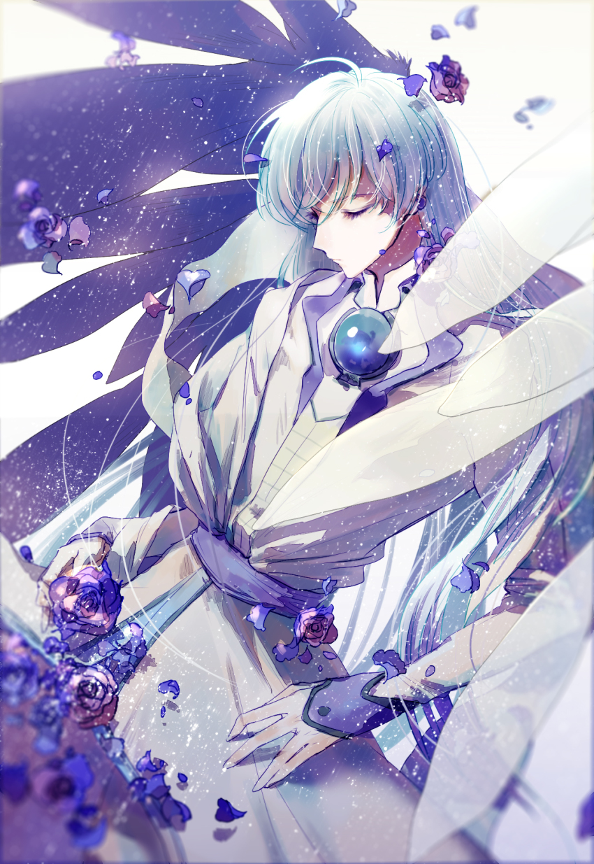 1boy, cardcaptor_sakura, cowboy_shot, earrings, eyelashes, closed_eyes, flower, highres, jewelry, long_hair, male_focus, moriya_moriya, petals, silver_hair, solo, very_long_hair, wings, yue_(cardcaptor_sakura)