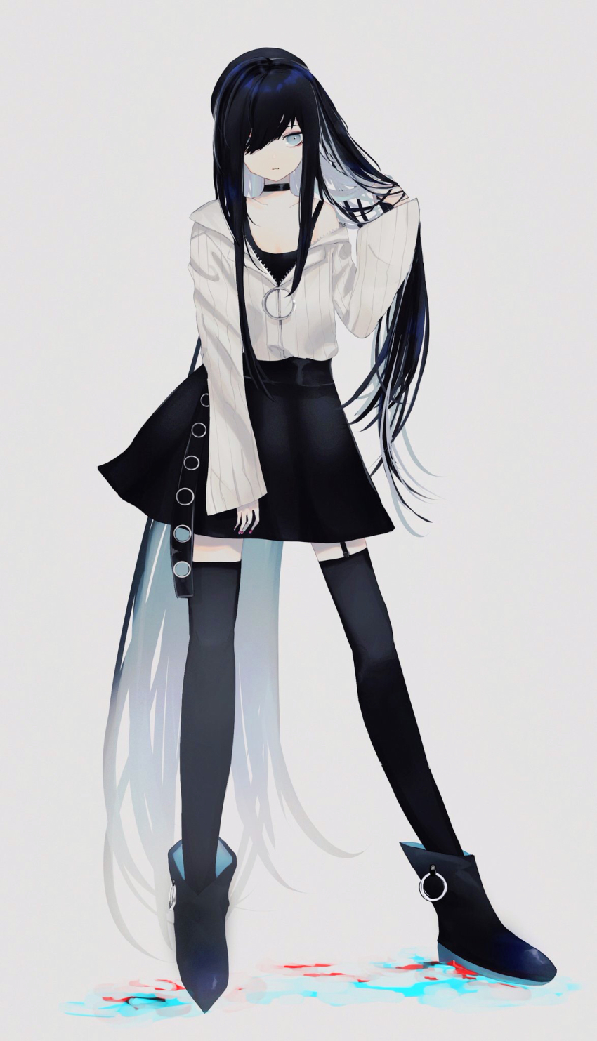 1girl, black_hair, black_skirt, black_thighhighs, blue_eyes, blue_hair, boots, choker