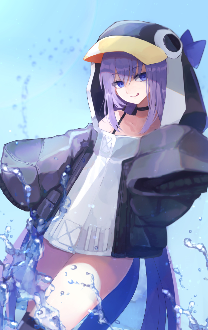 1girl, animal_hood, armor, bare_shoulders, black_jacket, blue_eyes, blue_ribbon, breasts