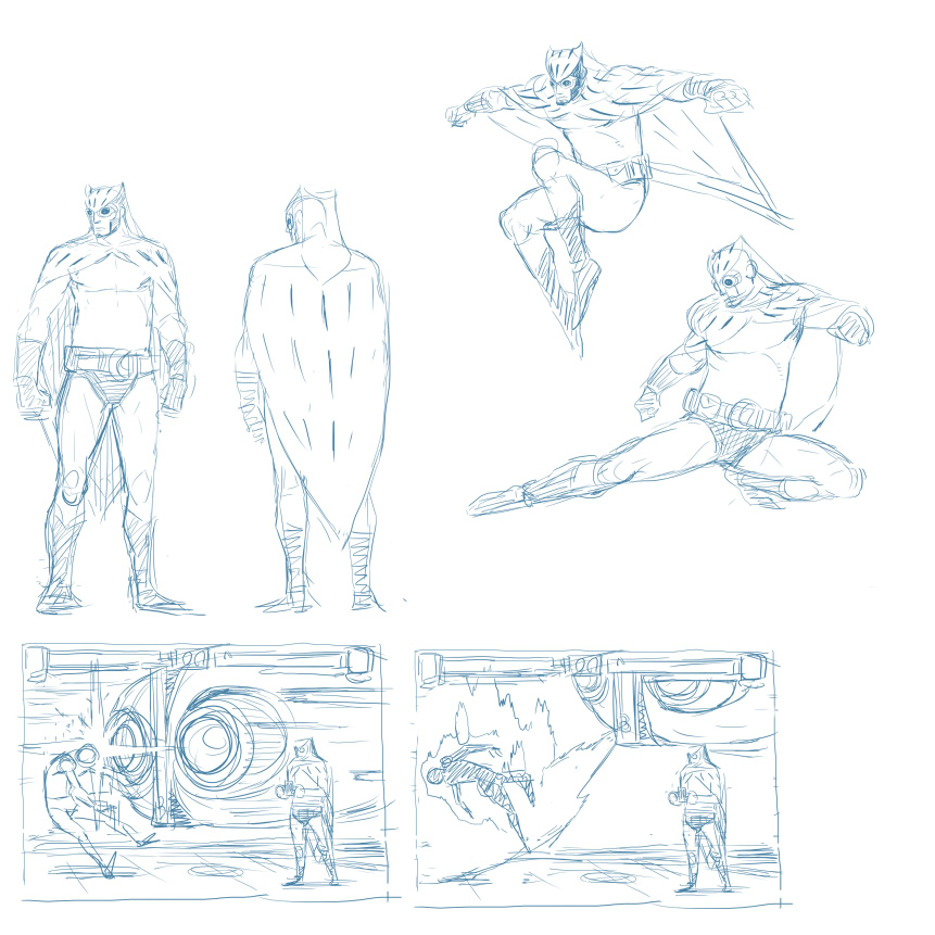 1boy, cape, concept_art, dc_comics, fighting_game, full_body, goggles, lineart