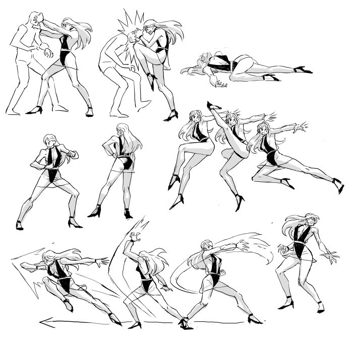 1girl, battle, concept_art, dc_comics, fighting_game, full_body, greyscale, high_heels